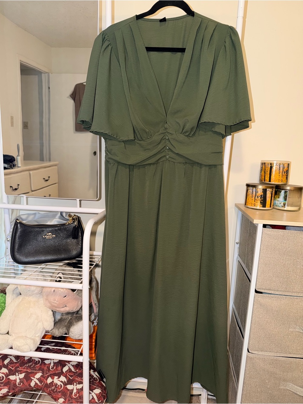 SHEIN Olive Green V-Neck Ruched Waist Maxi Dress
